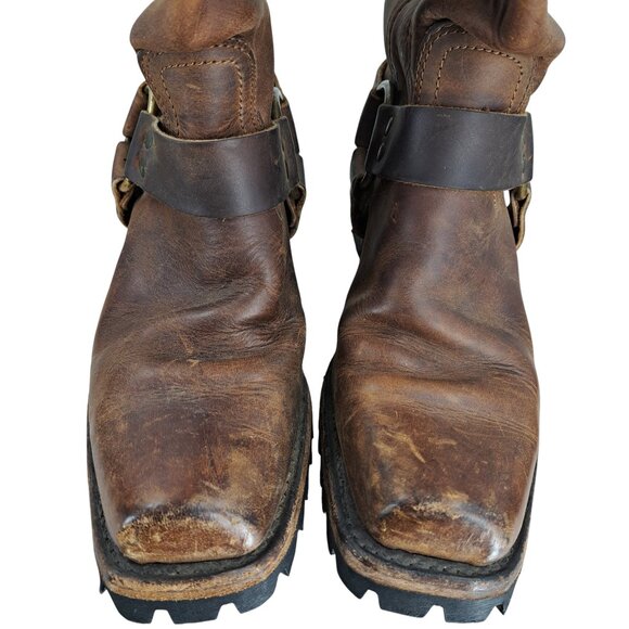 Frye Brown Leather Harness Pull On Moto Boots Size 8 Womens Heel Distressed - Picture 3 of 15